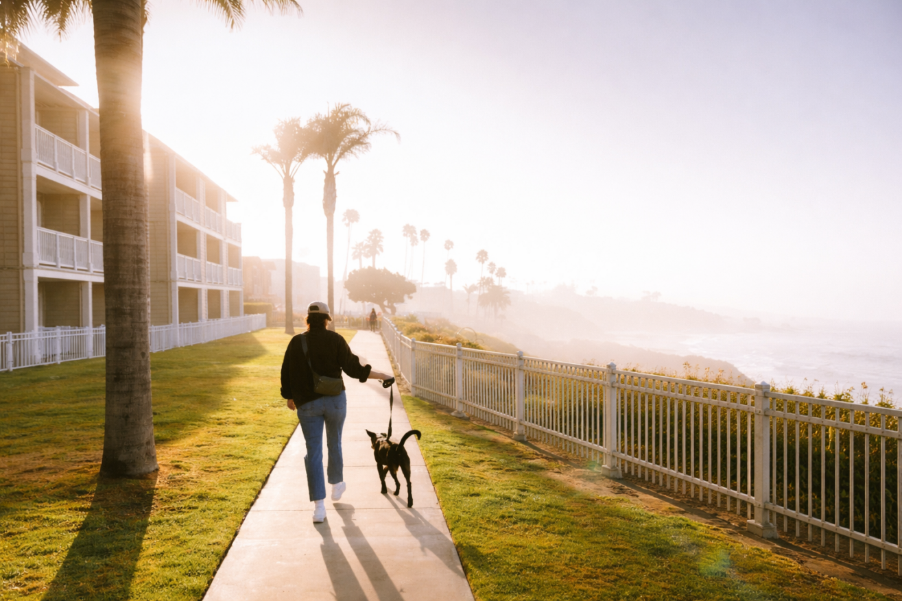 A person walks a dog along a sidewalk near the ocean at sunrise or sunset, with palm trees, grassy lawns, and buildings lining the path. The scene is bathed in warm, golden light.