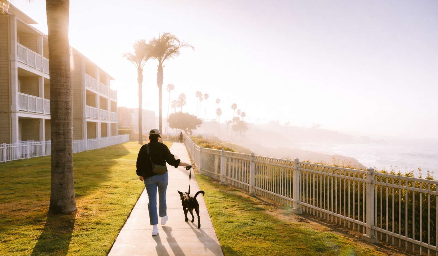 A person walks a dog along a sidewalk near the ocean at sunrise or sunset, with palm trees, grassy lawns, and buildings lining the path. The scene is bathed in warm, golden light.