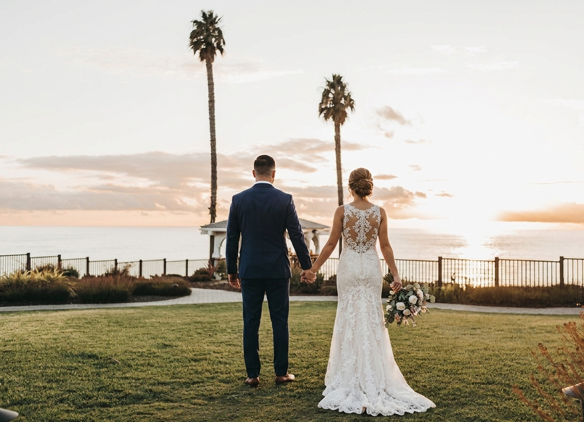 A bride and groom stand hand in hand on a grassy lawn, facing the ocean at sunset. The bride wears a lace dress and holds a bouquet; two tall palm trees and a gazebo are in the background.