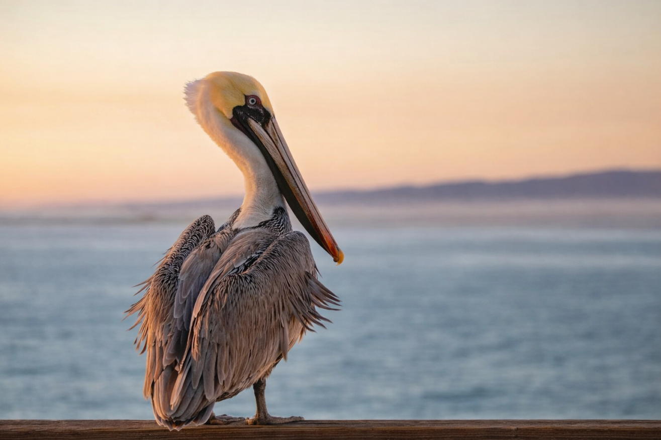 A brown pelican perches on a wooden railing, facing the ocean at sunset. The sky is soft orange and pink, and distant hills are visible across the water in the background.