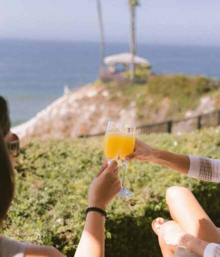 Two people clink glasses of orange cocktails outdoors, with a scenic ocean view and greenery in the background under a clear sky.
